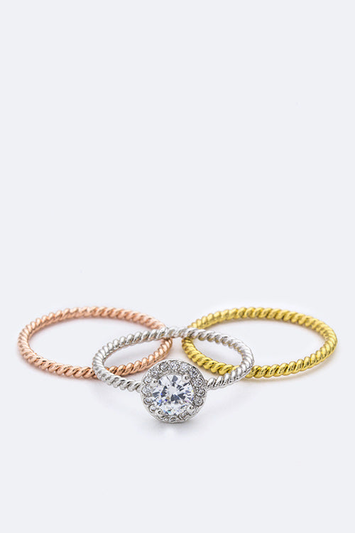Round CZ Triple Stack Ring Set Gold Silver Rose Plated