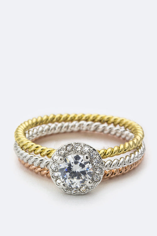 Round CZ Triple Stack Ring Set Gold Silver Rose Plated