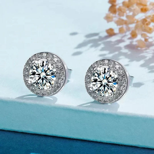 S925 Sterling Silver 2ct Round Moissanite Stud Earrings 50pt Bridal Gift