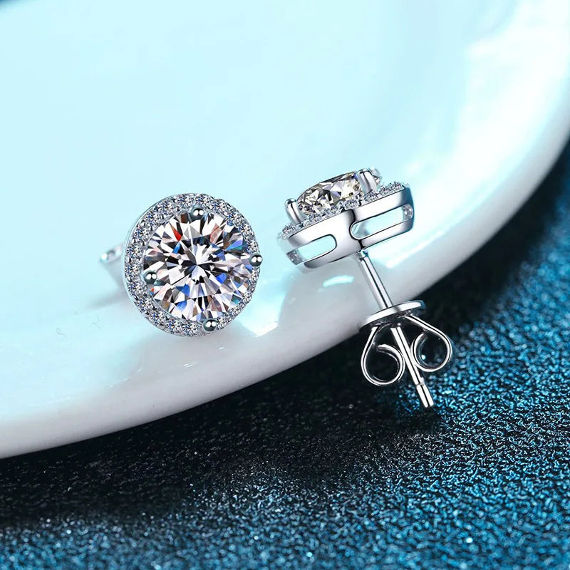 S925 Sterling Silver 2ct Round Moissanite Stud Earrings 50pt Bridal Gift