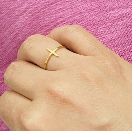 Side Cross Ring Minimalist Gold Silver Stacking Band