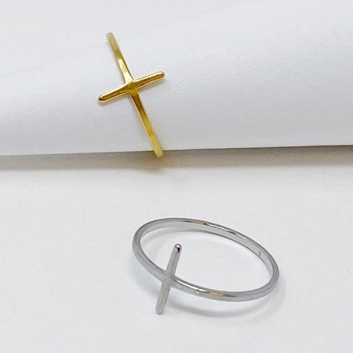 Side Cross Ring Minimalist Gold Silver Stacking Band