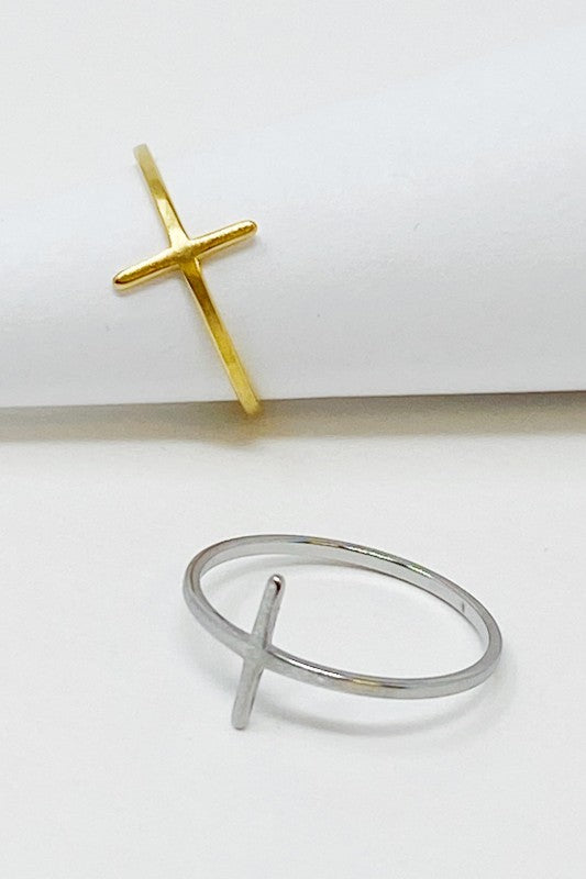 Side Cross Ring Minimalist Gold Silver Stacking Band