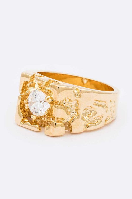 Textured Gold Band Ring With Cubic Zirconia Center Stone
