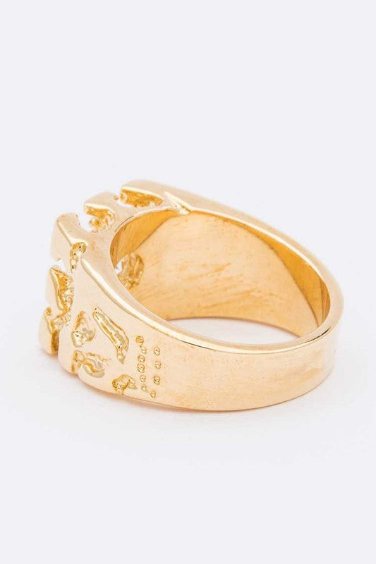 Textured Gold Band Ring With Cubic Zirconia Center Stone