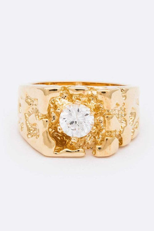 Textured Gold Band Ring With Cubic Zirconia Center Stone
