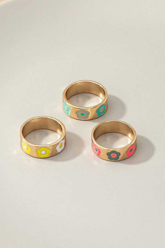 Three Floral Stackable Ring Bands Set Gold Plated Adjustable