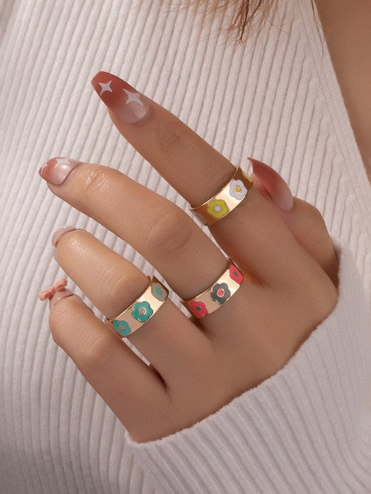 Three Floral Stackable Ring Bands Set Gold Plated Adjustable