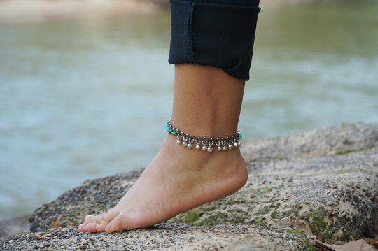 Turquoise Beaded Silver Bell Boho Anklet Adjustable Chain