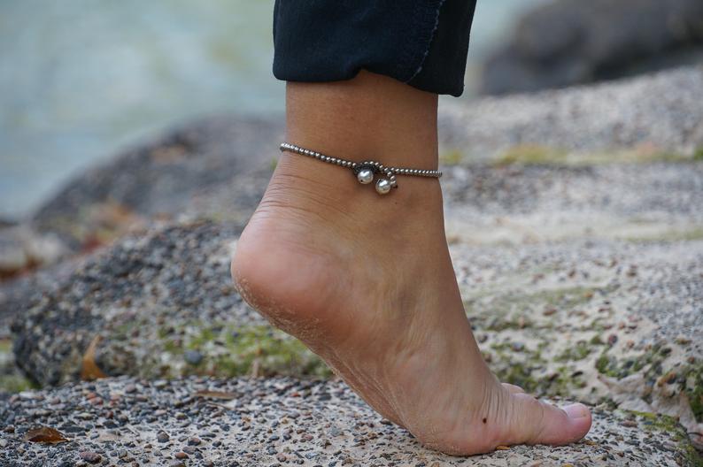 Turquoise Beaded Silver Bell Boho Anklet Adjustable Chain