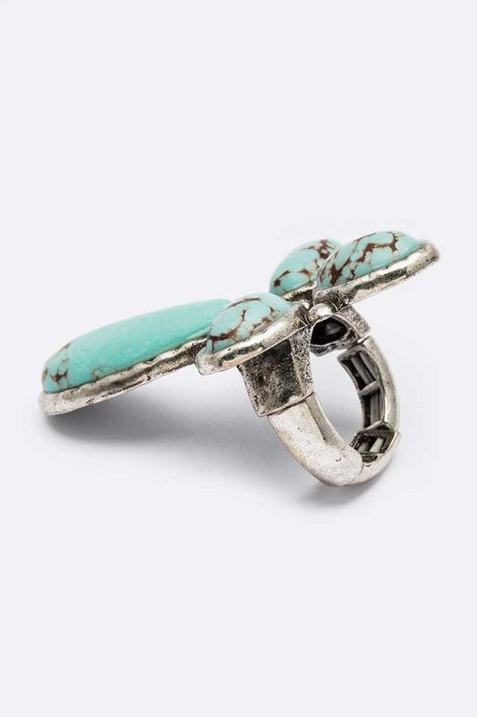 Turquoise Stone Cross Stretch Ring Vintage Boho Adjustable